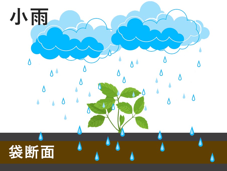 小雨時の袋断面図。雨水が袋表面や植栽部から穏やかに袋内の土壌へ浸透している状態を示す模式図。